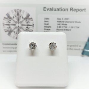 14k White Gold 1.00 Carat Natural Diamond Stud Earrings